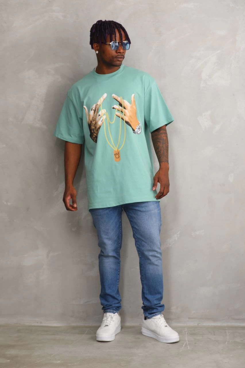 Erkek Baskılı T-Shirt Kısa Kol Bisiklet Yaka Rahat Kalıp Tişört  - Mint Yeşili