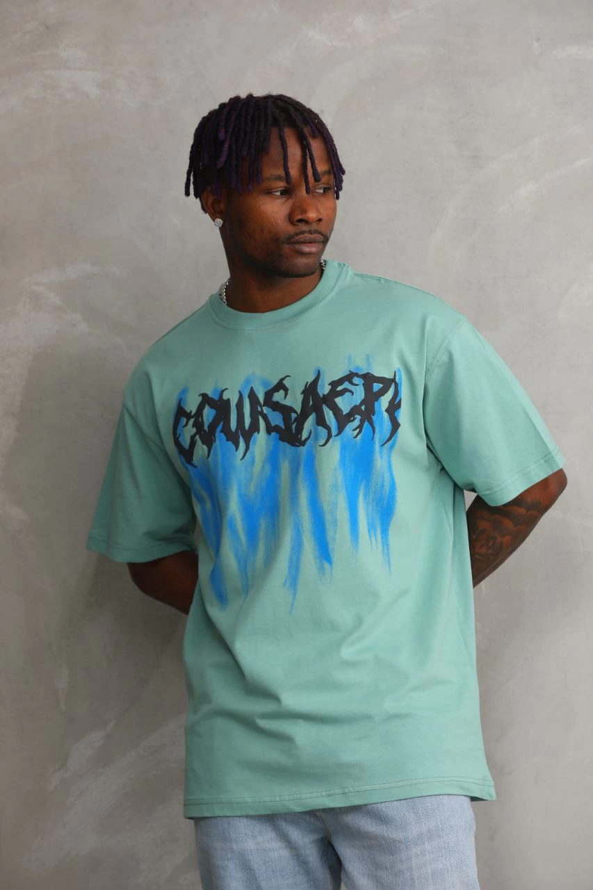 Erkek Baskılı T-Shirt Kısa Kol Bisiklet Yaka Rahat Kalıp Tişört - Mint Yeşili