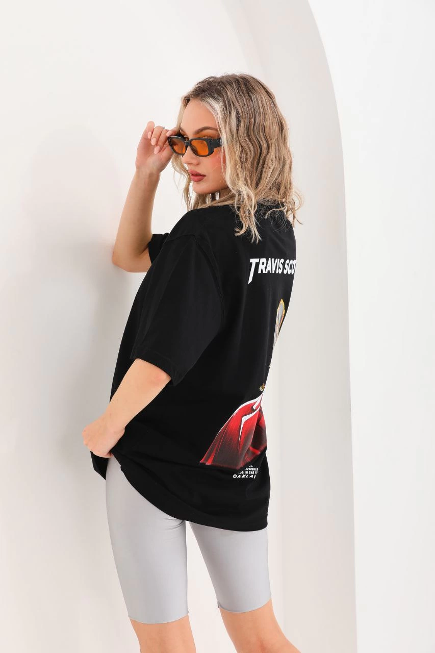 Kadın Baskılı T-Shirt Kısa Kol Bisiklet Yaka  Ovarsize Rahat Kalıp Günlük Tişört  - Siyah