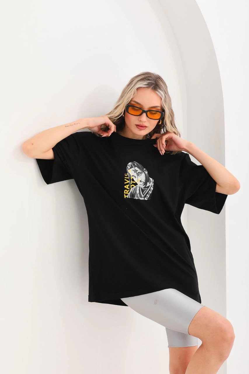 Kadın Baskılı T-Shirt Kısa Kol Bisiklet Yaka  Ovarsize Rahat Kalıp Günlük Tişört  - Siyah