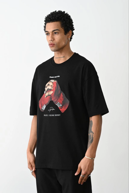 Erkek Box Eldiven Baskılı T-Shirt Kısa Kol Bisiklet Yaka  Tişört - Siyah
