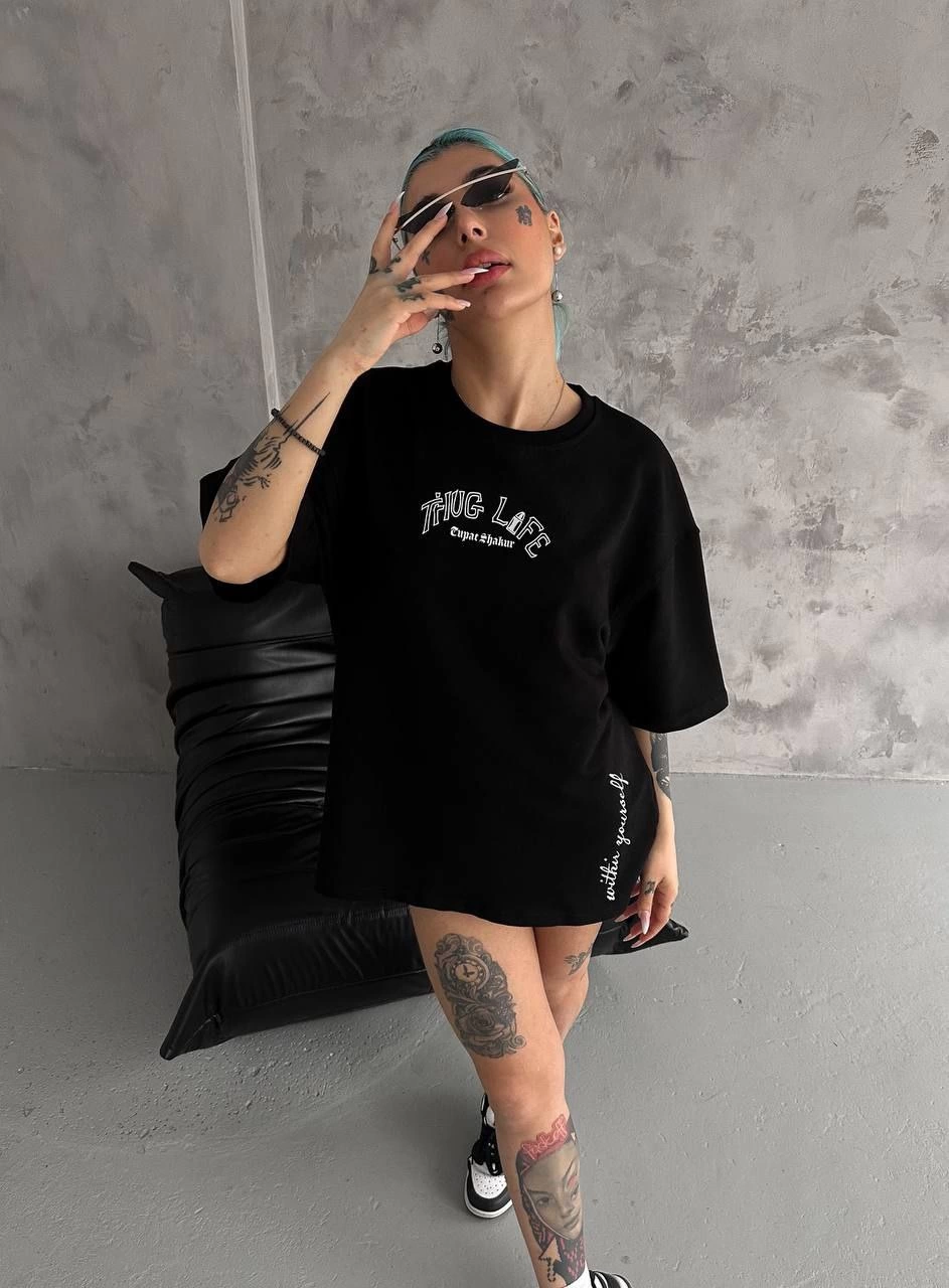 Kadın Baskılı Oversize  Kısa kol T-Shirt - Siyah