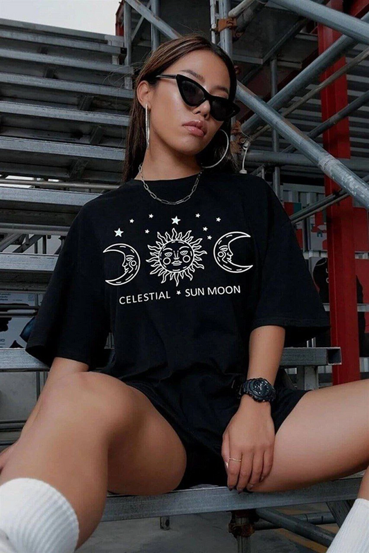 Kadın Baskılı T-Shirt Kısa Kol Bisiklet Yaka Ovarsize Rahat Kalıp Tişört - Siyah