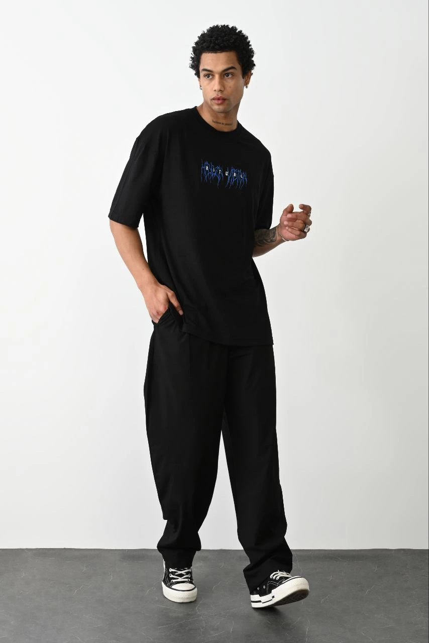 Erkek Baskılı Oversize  Kısa kol T-Shirt - Siyah