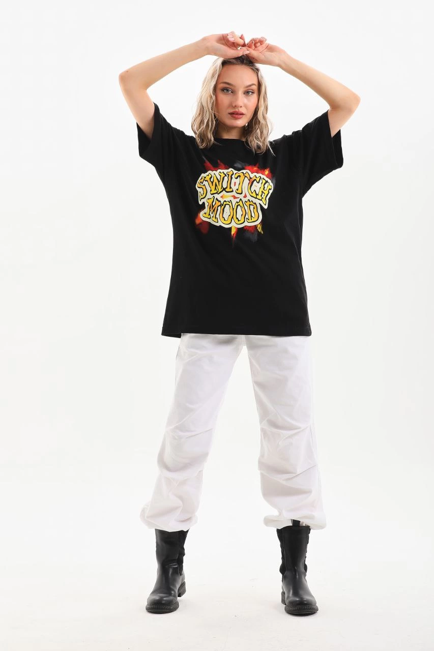 Kadın Baskılı Oversize  Kısa kol T-Shirt - Siyah