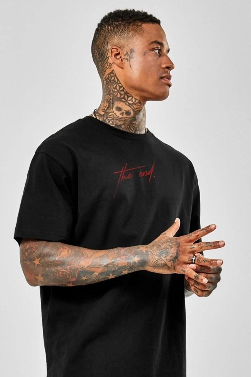 ERKEK Baskılı Oversize T-Shirt - Siyah