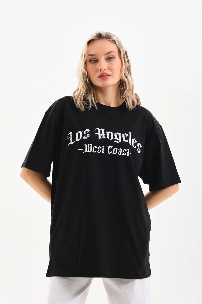 Kadın Baskılı Tişort Kısa Kol Bisiklet Yaka Ovarsize T-Shirt -  Siyah