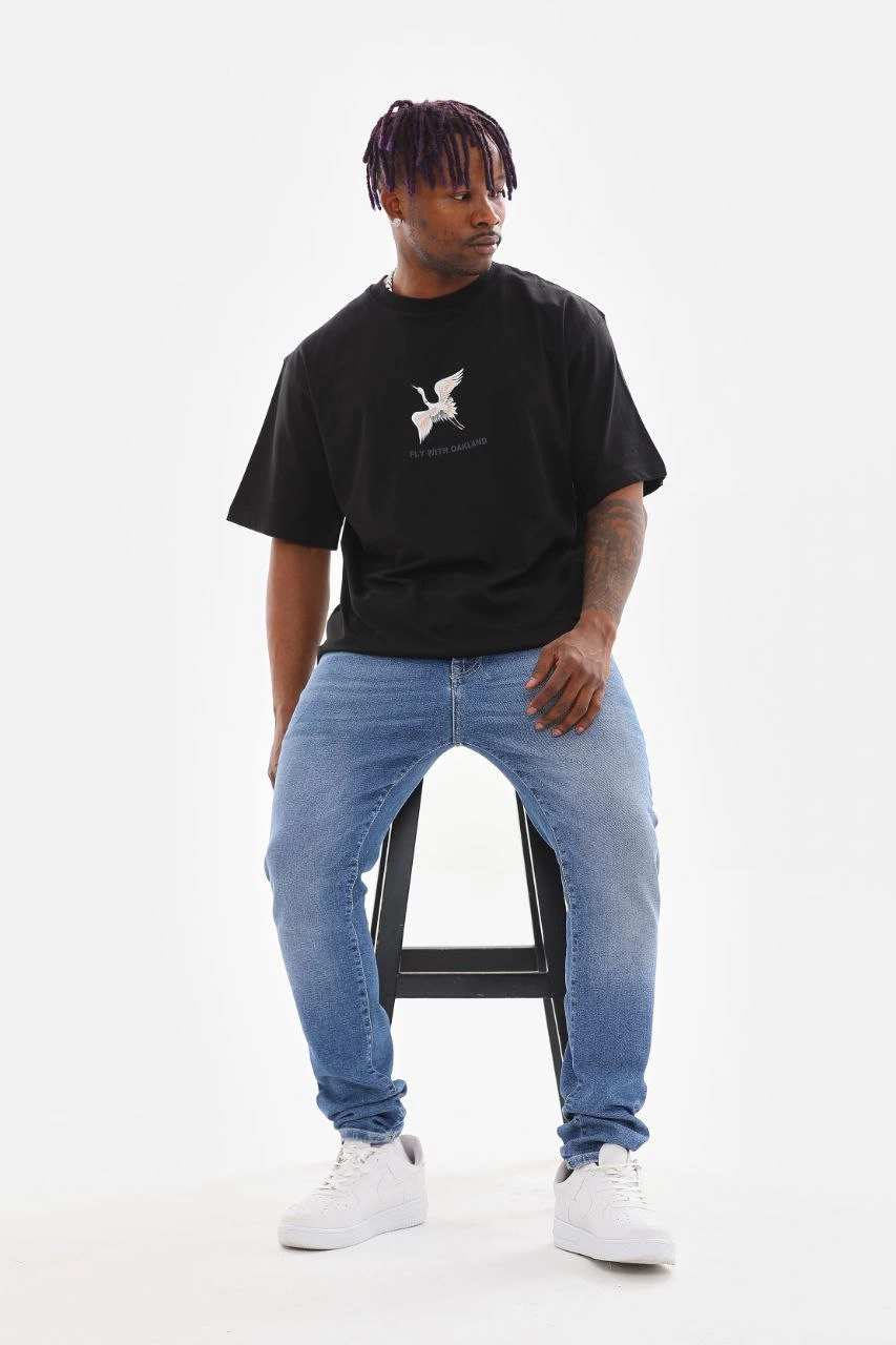 Erkek Baskılı T-Shirt Kısa Kol Bisiklet Yaka Rahat Kalıp Tişört - Siyah