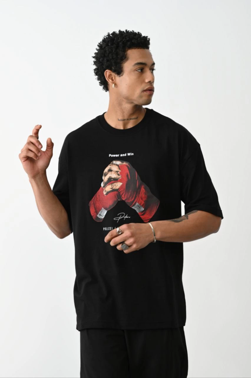 Erkek Box Eldiven Baskılı T-Shirt Kısa Kol Bisiklet Yaka  Tişört - Siyah