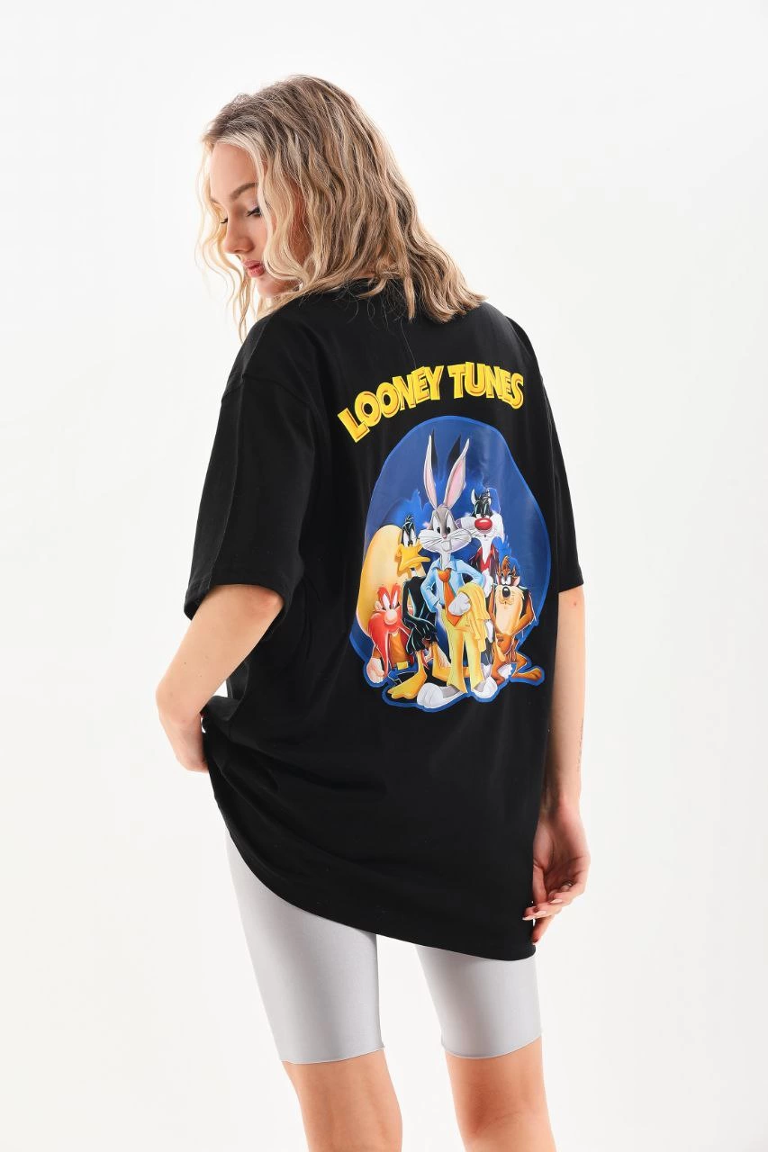 Kadın Baskılı Oversize Kısa kol  T-Shirt - Siyah
