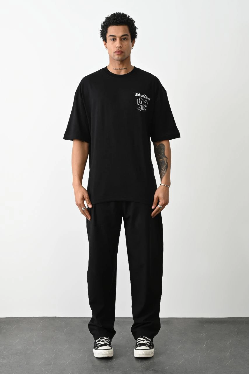 eEkek Baskılı Oversize Kısa kol  T-Shirt - Siyah