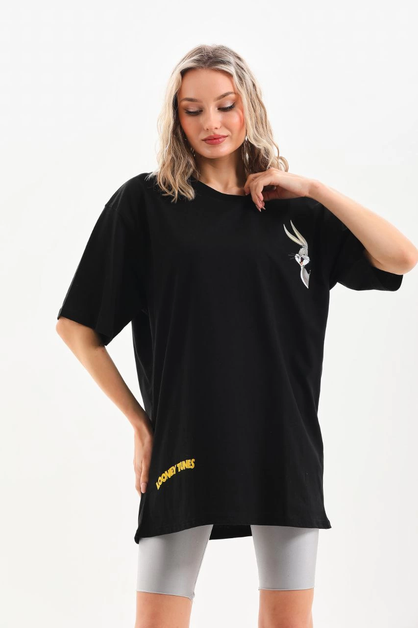 Kadın Baskılı Oversize Kısa kol  T-Shirt - Siyah