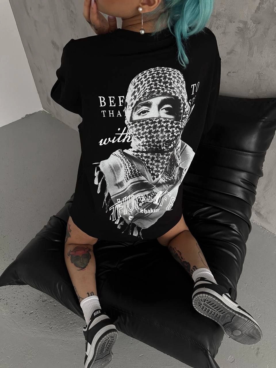 Kadın Baskılı Oversize  Kısa kol T-Shirt - Siyah