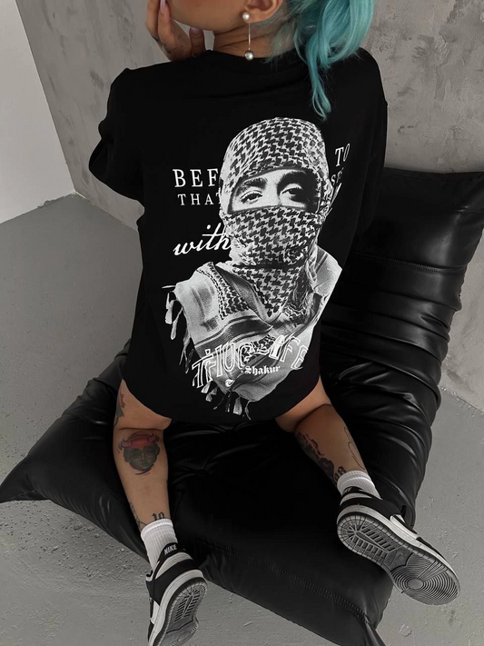 Kadın Baskılı Oversize  Kısa kol T-Shirt - Siyah