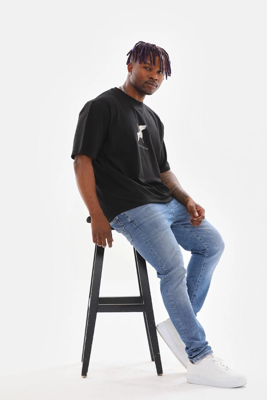 Erkek Baskılı T-Shirt Kısa Kol Bisiklet Yaka Rahat Kalıp Tişört - Siyah
