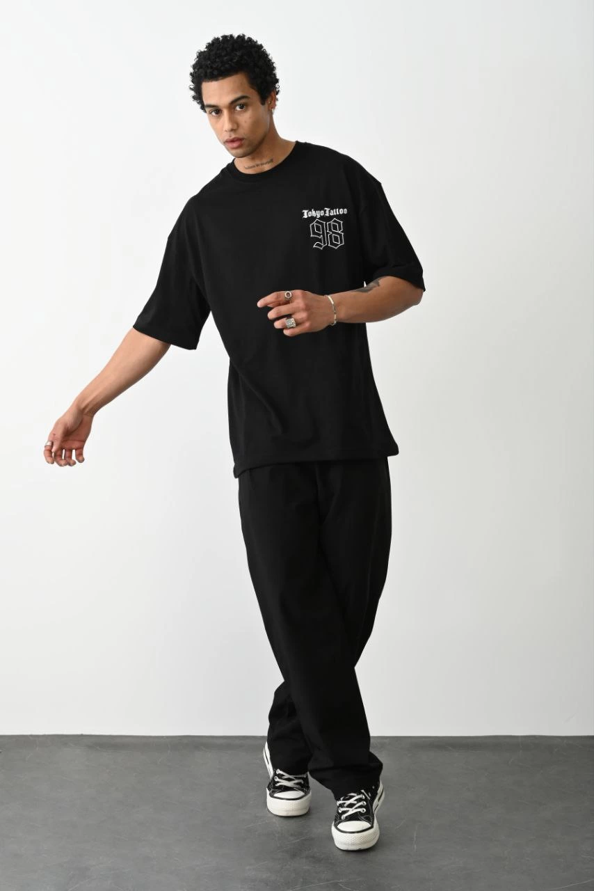 eEkek Baskılı Oversize Kısa kol  T-Shirt - Siyah