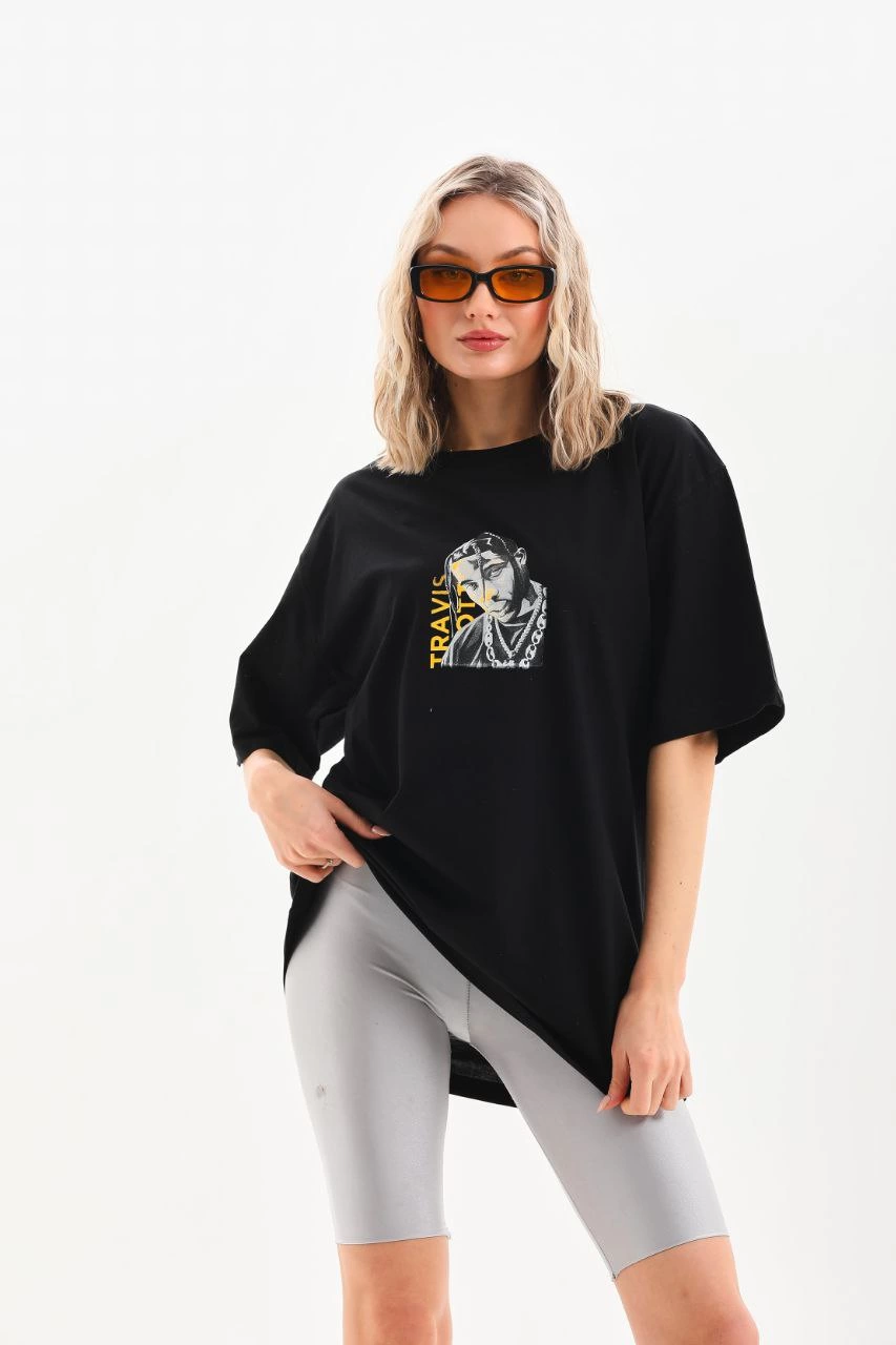 Kadın Baskılı T-Shirt Kısa Kol Bisiklet Yaka  Ovarsize Rahat Kalıp Günlük Tişört  - Siyah