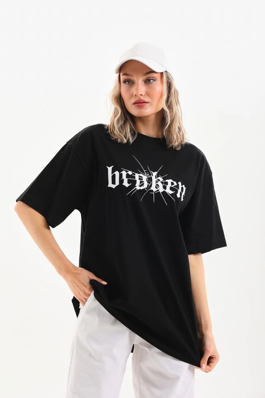 Kadın Baskılı Oversize T-Shirt - Siyah