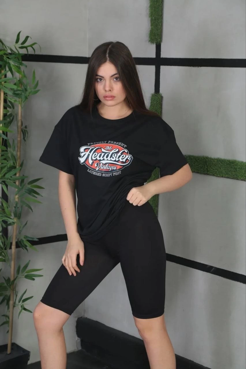 Kadın Baskılı Oversize T-Shirt - Siyah