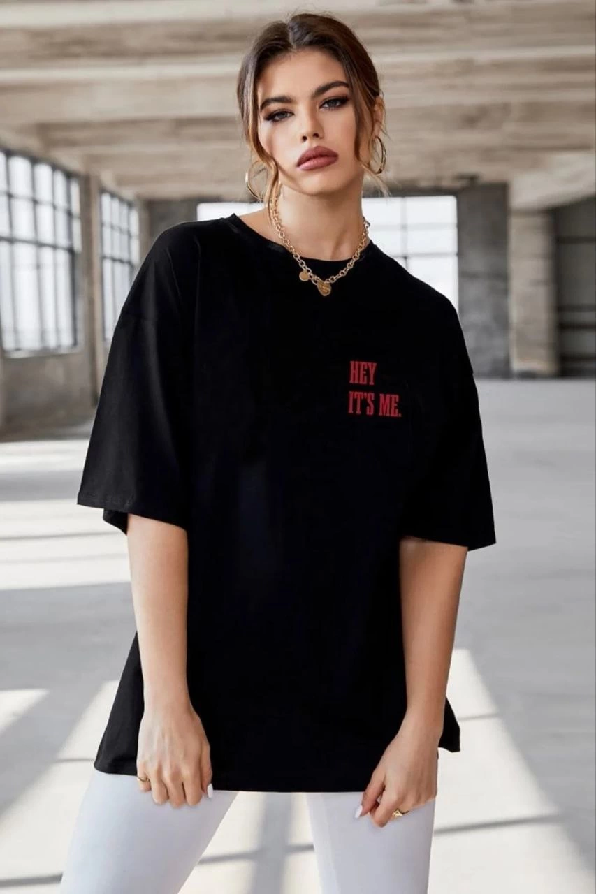 Kadın Baskılı T-Shirt Kısa Kol Bisiklet Yaka Ovarsize Rahat Kalıp Tişört -  Siyah