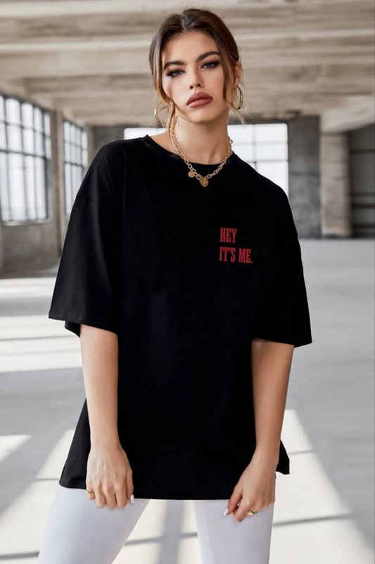 Kadın Baskılı T-Shirt Kısa Kol Bisiklet Yaka Ovarsize Rahat Kalıp Tişört -  Siyah