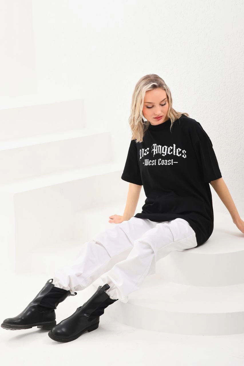 Kadın Baskılı Tişort Kısa Kol Bisiklet Yaka Ovarsize T-Shirt -  Siyah