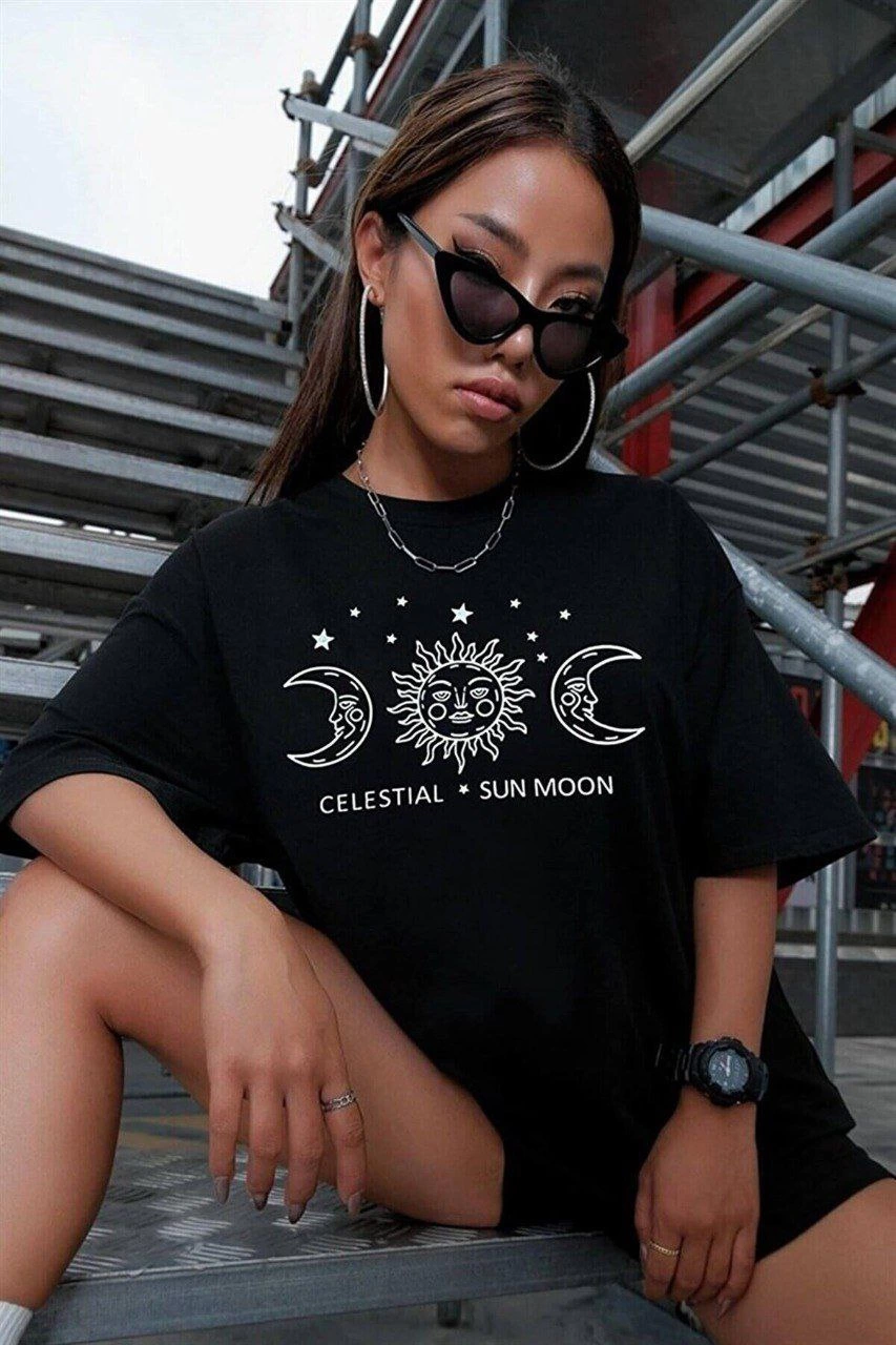 Kadın Baskılı T-Shirt Kısa Kol Bisiklet Yaka Ovarsize Rahat Kalıp Tişört - Siyah