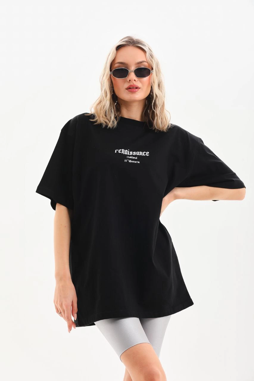 Kadın Baskılı Oversize Kısa kol  T-Shirt - Siyah