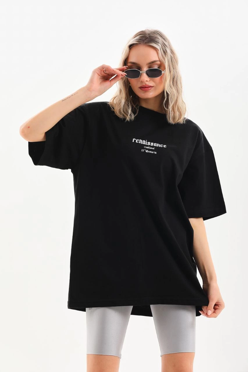 Kadın Baskılı Oversize Kısa kol  T-Shirt - Siyah