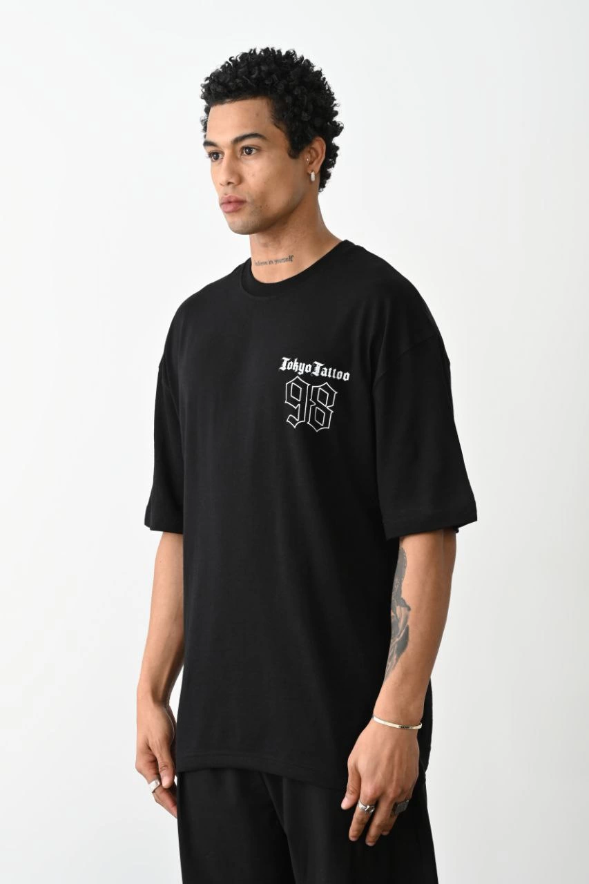 eEkek Baskılı Oversize Kısa kol  T-Shirt - Siyah