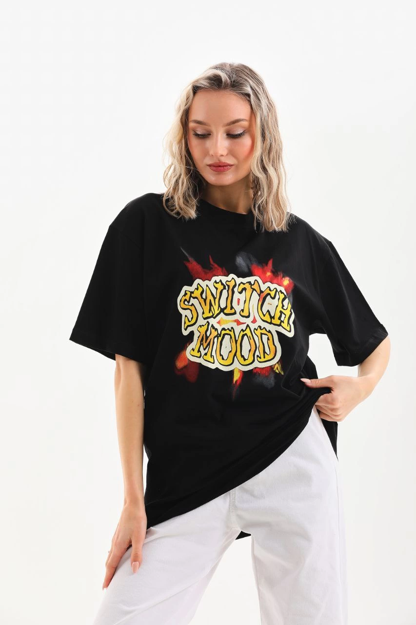 Kadın Baskılı Oversize  Kısa kol T-Shirt - Siyah