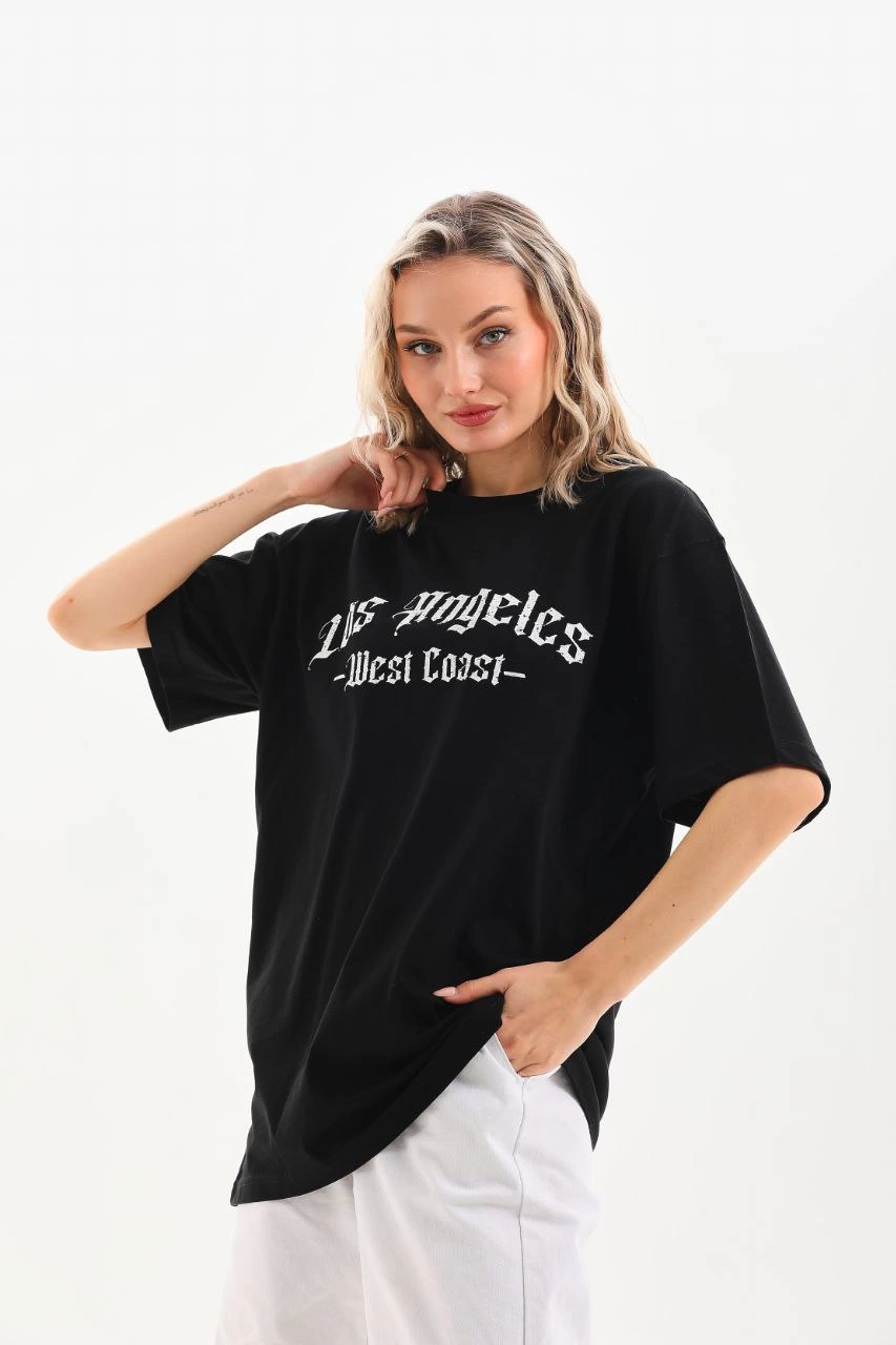 Kadın Baskılı Tişort Kısa Kol Bisiklet Yaka Ovarsize T-Shirt -  Siyah