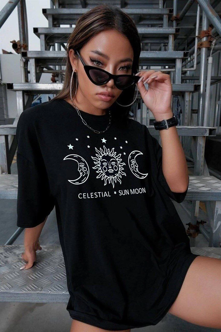Kadın Baskılı T-Shirt Kısa Kol Bisiklet Yaka Ovarsize Rahat Kalıp Tişört - Siyah