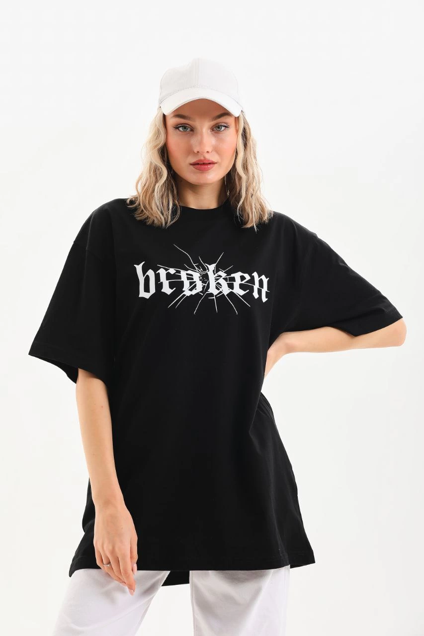 Kadın Baskılı Oversize T-Shirt - Siyah