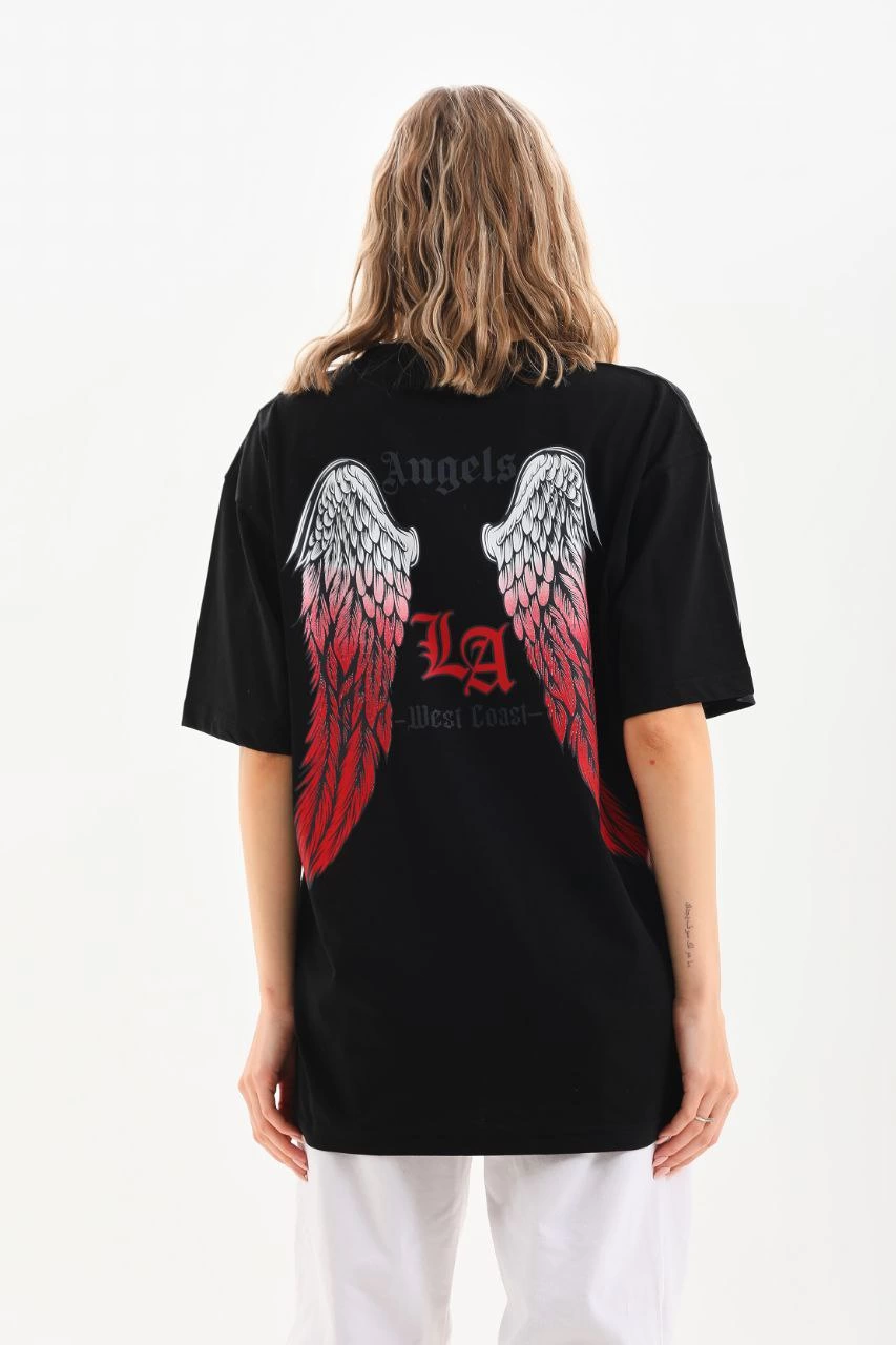 Kadın Baskılı Tişort Kısa Kol Bisiklet Yaka Ovarsize T-Shirt -  Siyah