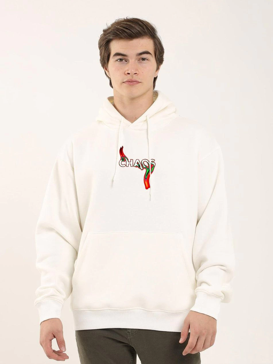 ERKEK Baskılı Oversize Üç İplik Kapüşonlu Sweatshirt - Beyaz