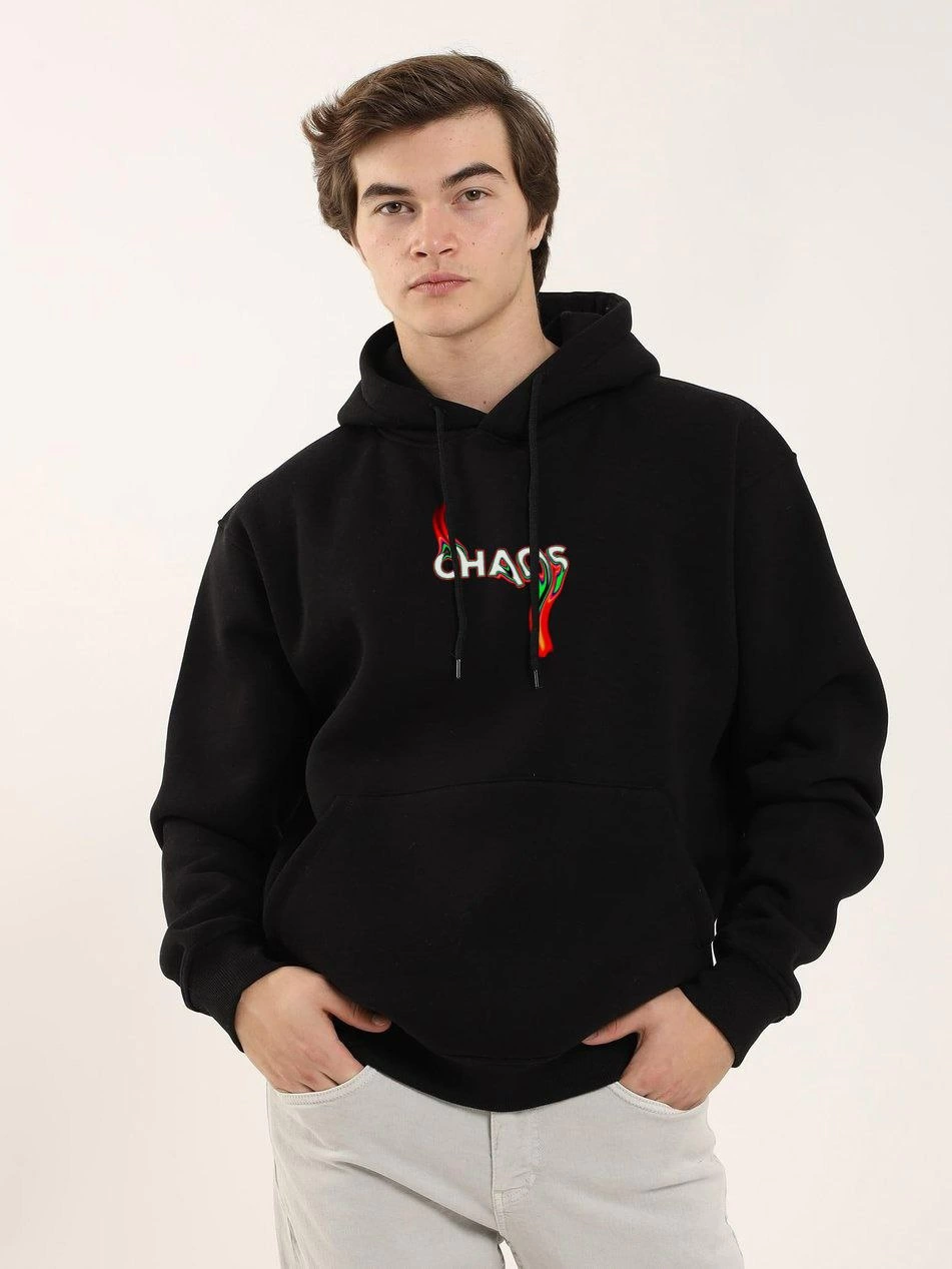 ERKEK Baskılı Oversize Üç İplik Kapüşonlu Sweatshirt - Siyah