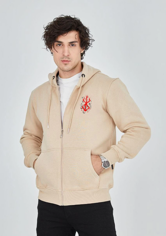 ERKEK Baskılı Tam Fermuarlı Kapşonlu SweatShirt - Bej