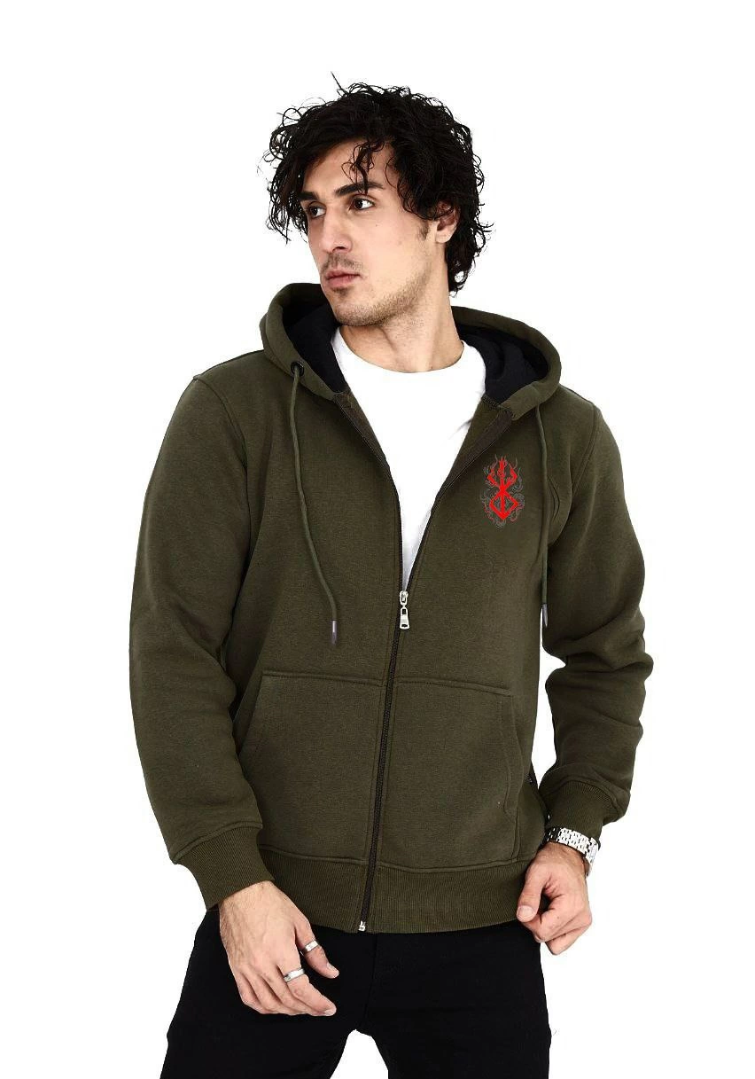 ERKEK Baskılı Tam Fermuarlı Kapşonlu SweatShirt - Haki