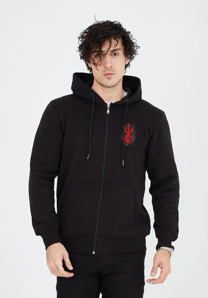 ERKEK Baskılı Tam Fermuarlı Kapşonlu SweatShirt - Siyah