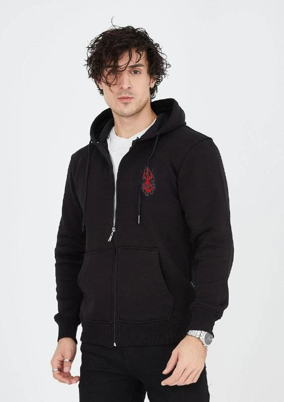 ERKEK Baskılı Tam Fermuarlı Kapşonlu SweatShirt - Siyah