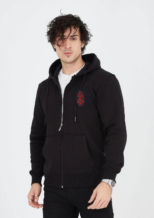 ERKEK Baskılı Tam Fermuarlı Kapşonlu SweatShirt - Siyah