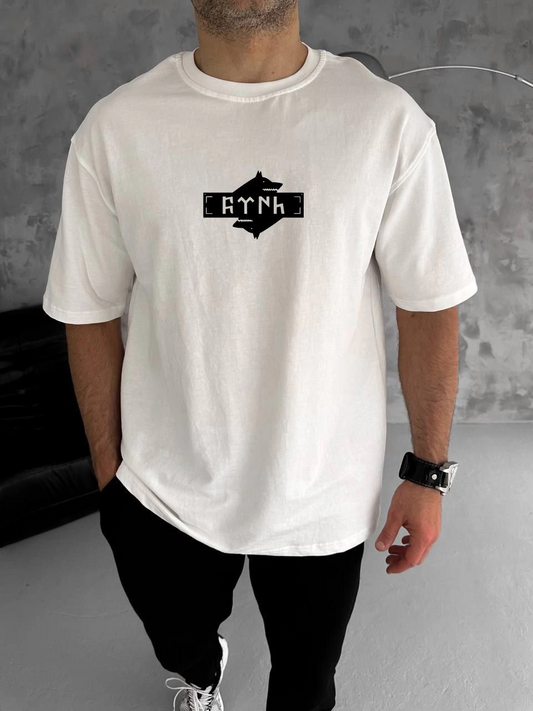 ERKEK Bisiklet Yaka Baskılı Double Oversize T-Shirt - Beyaz