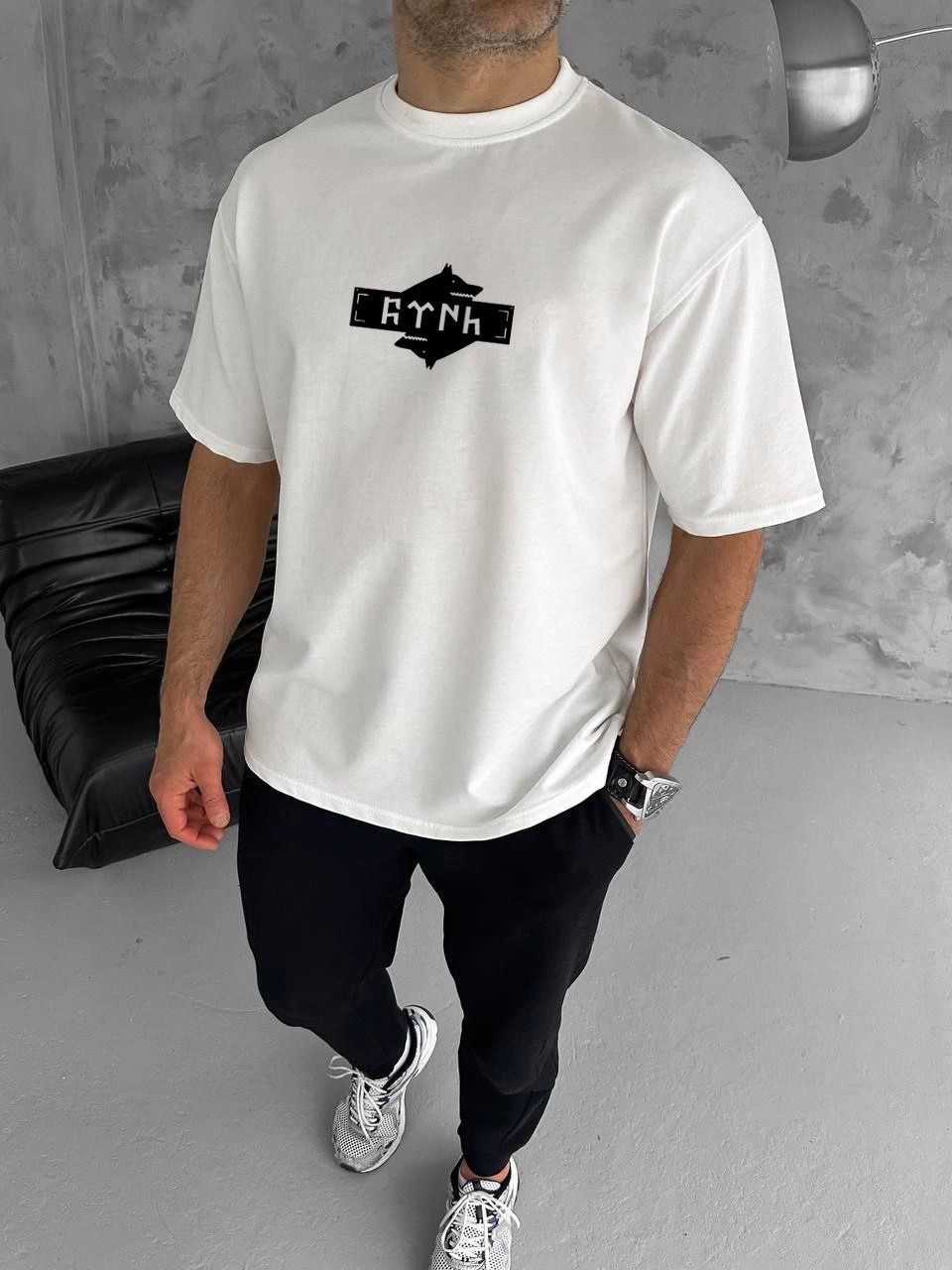 ERKEK Bisiklet Yaka Baskılı Double Oversize T-Shirt - Beyaz