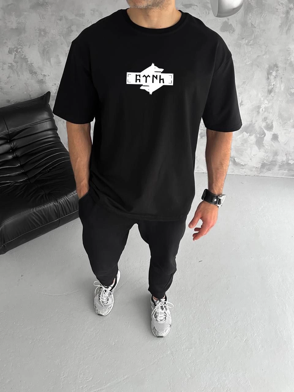 ERKEK Bisiklet Yaka Baskılı Oversize T-Shirt - Siyah
