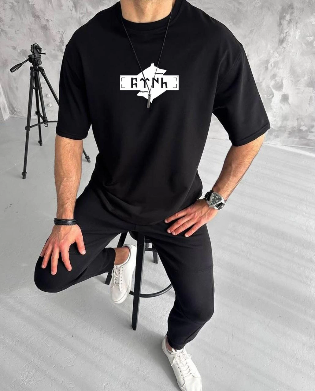 ERKEK Bisiklet Yaka Baskılı Oversize T-Shirt - Siyah