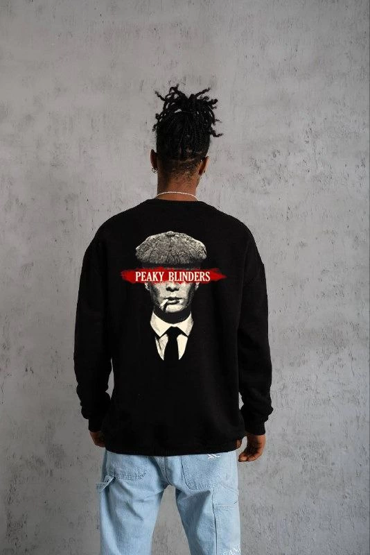 ERKEK Bisiklet Yaka Baskılı Oversize Sweatshirt - Siyah
