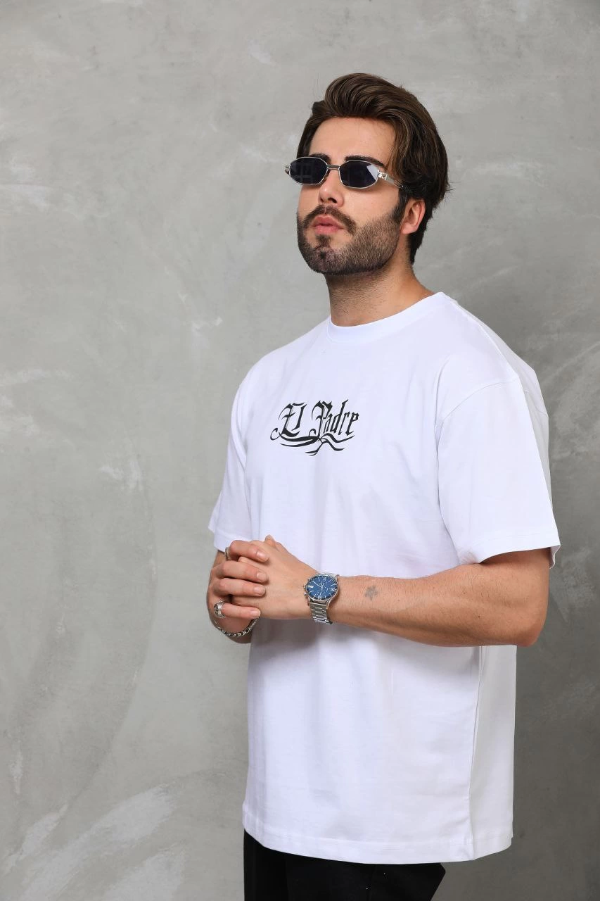 Erkek Bisiklet Yaka Baskılı Oversize T-Shirt - Beyaz