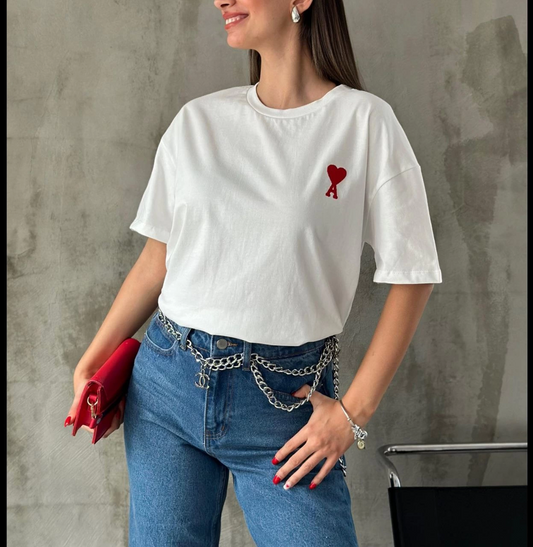 kadın Bisiklet Yaka Baskılı Oversize Kısa Kol T-Shirt - Beyaz