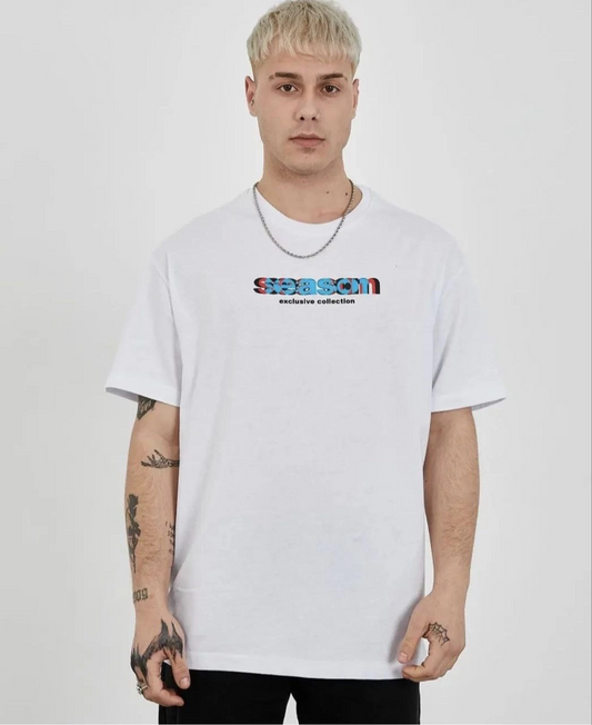 Erkek Bisiklet Yaka Baskılı  Kısa kol Oversize T-Shirt - Beyaz
